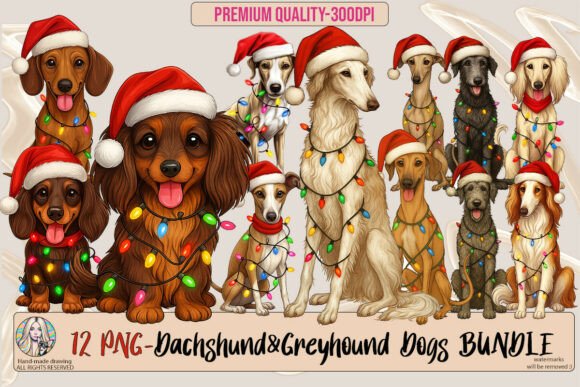 Christmas Dachshund & Greyhound PNG Bundle for Holiday Crafts