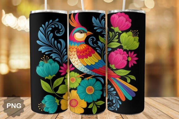 Folk Art Bird Floral Tumbler Wrap: Vibrant Digital Design